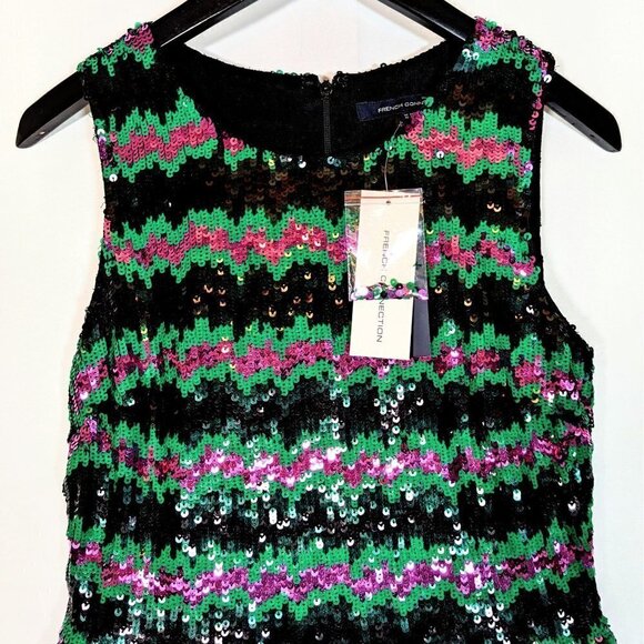 NWT $448 French Connection Mardi Gras Siberian Stripe Couture Sequin Party Dress - Picture 2 of 7